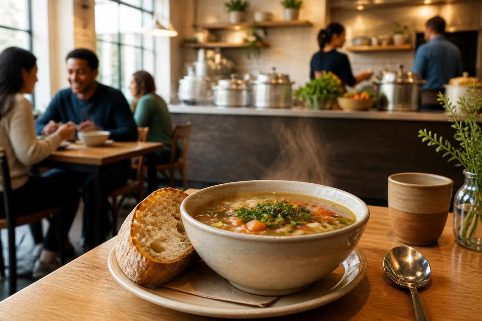 Customers enjoy bowls of soup in a bright, modern restaurant.