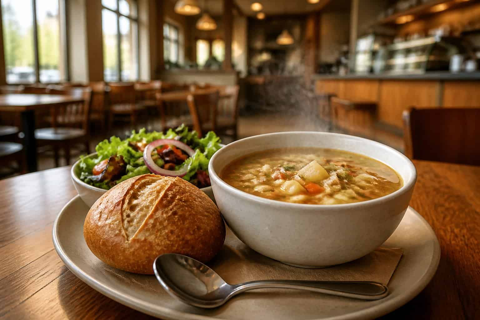 A steaming bowl of soup with bread and salad on a table in a warmly lit bakery-cafe.