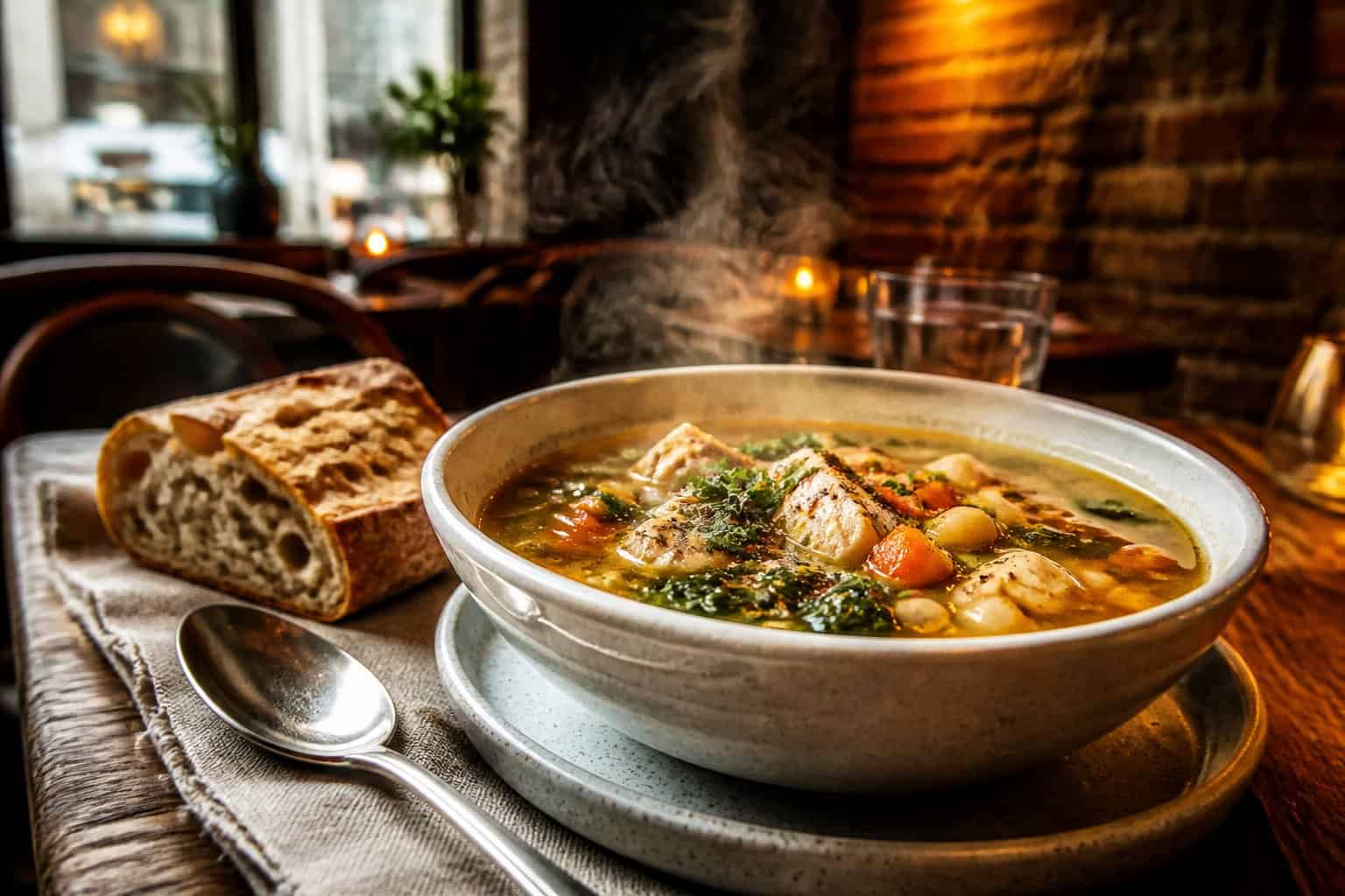 A steaming bowl of hearty soup with bread on a wooden table in a cozy restaurant.