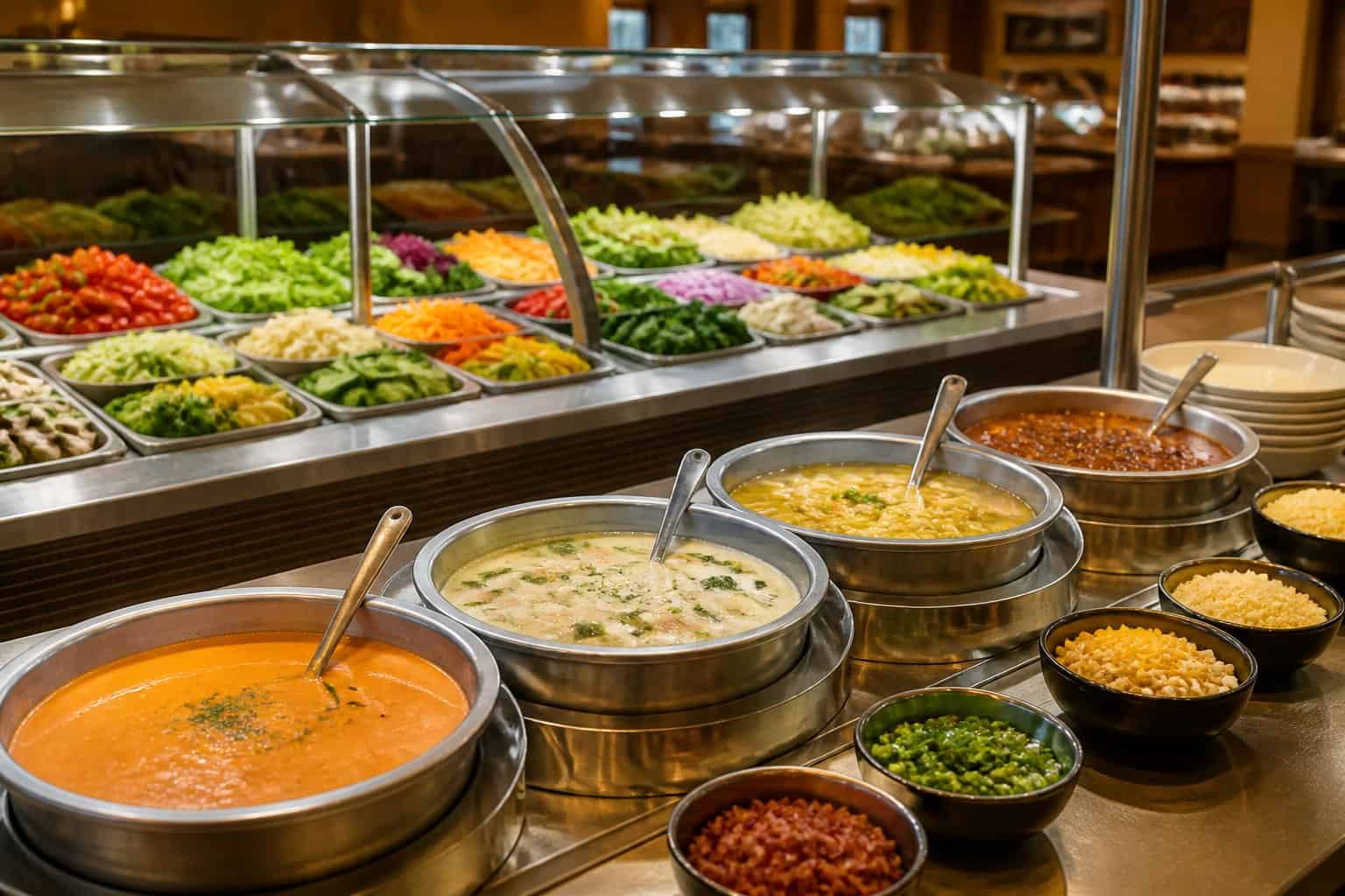 A bright casual restaurant soup station with several bowls of soup and a colorful salad bar in the background.