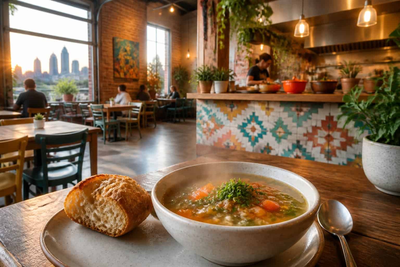 A steaming bowl of soup with bread on a wooden table inside a warm, colorful Austin café.