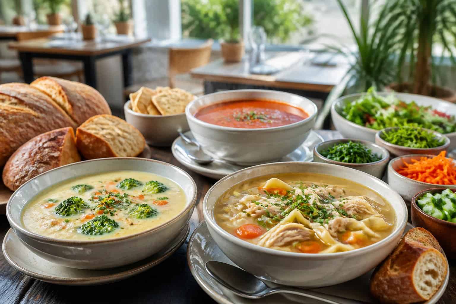 Several bowls of steaming soup with bread and fresh toppings on a table in a welcoming restaurant.