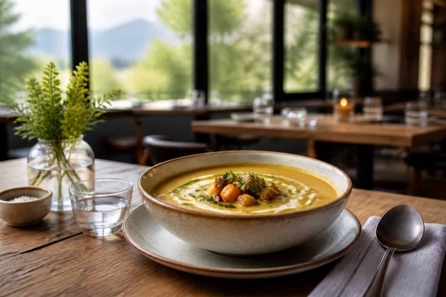 A bowl of fresh vegetable soup on a wooden table in a warmly lit restaurant.