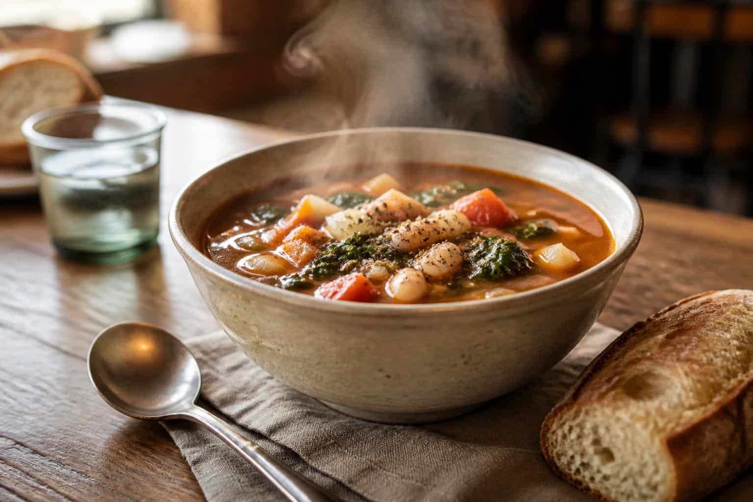 A steaming bowl of hearty soup with bread on a wooden table.