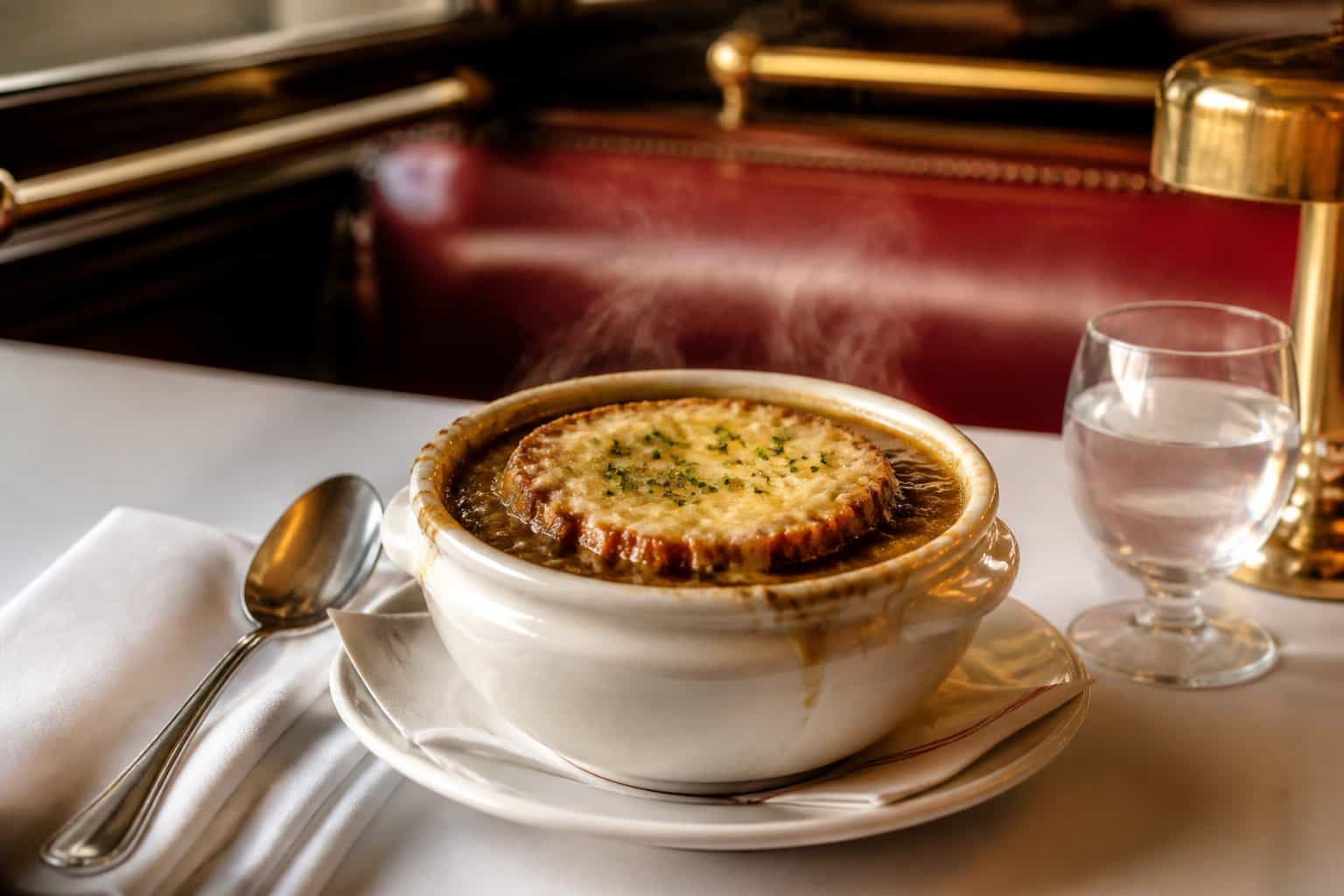 A bowl of steaming French onion soup with melted cheese on a toasted baguette in an elegant bistro setting.