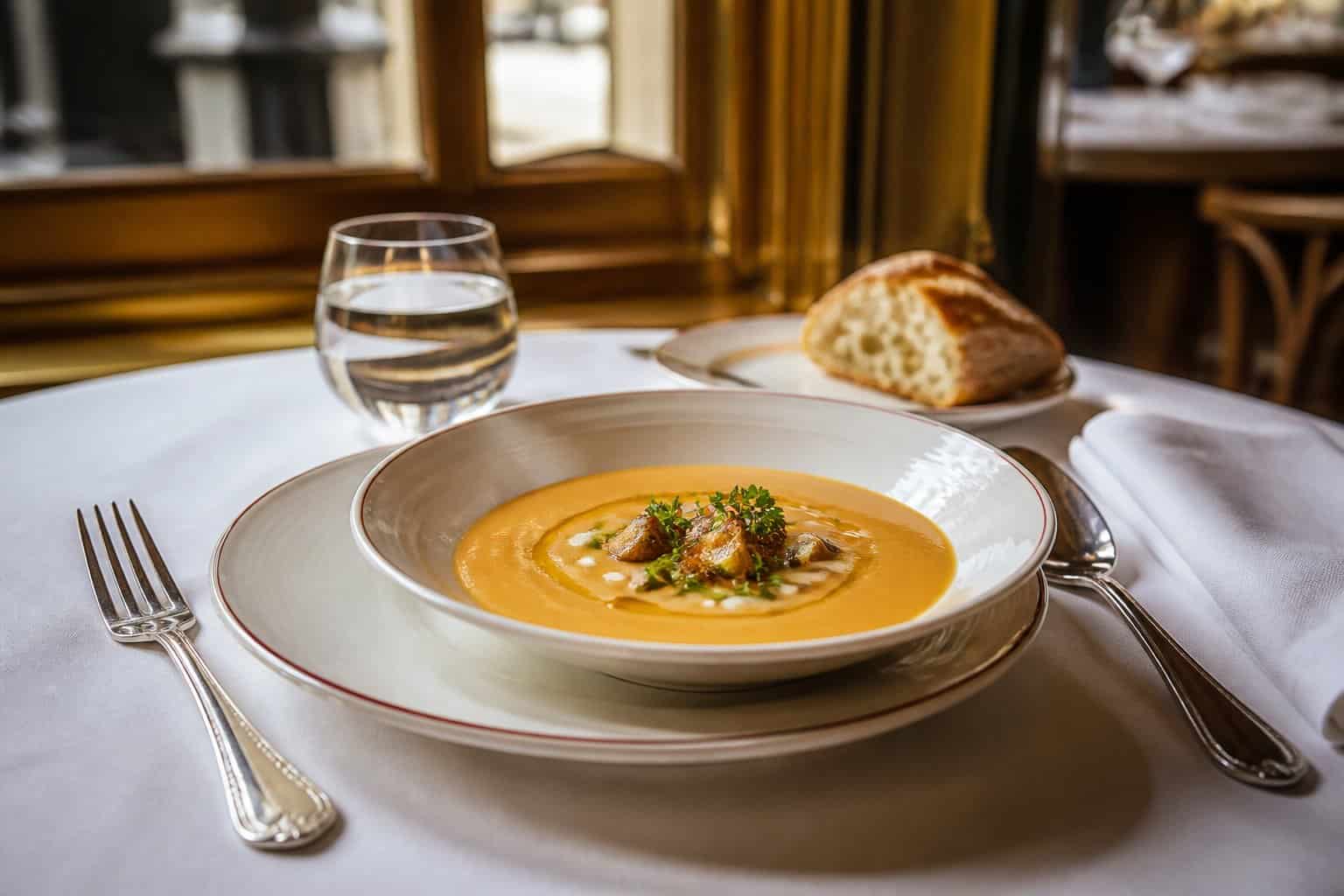 An elegant bowl of soup served on a refined restaurant table with bread, silverware, and a linen napkin.
