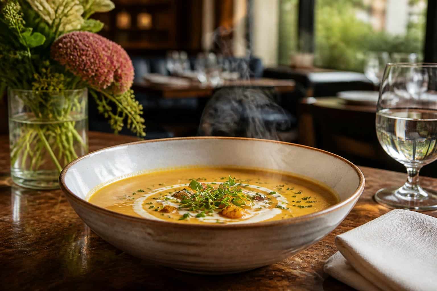 A steaming bowl of garnished soup on a table in an elegant restaurant.