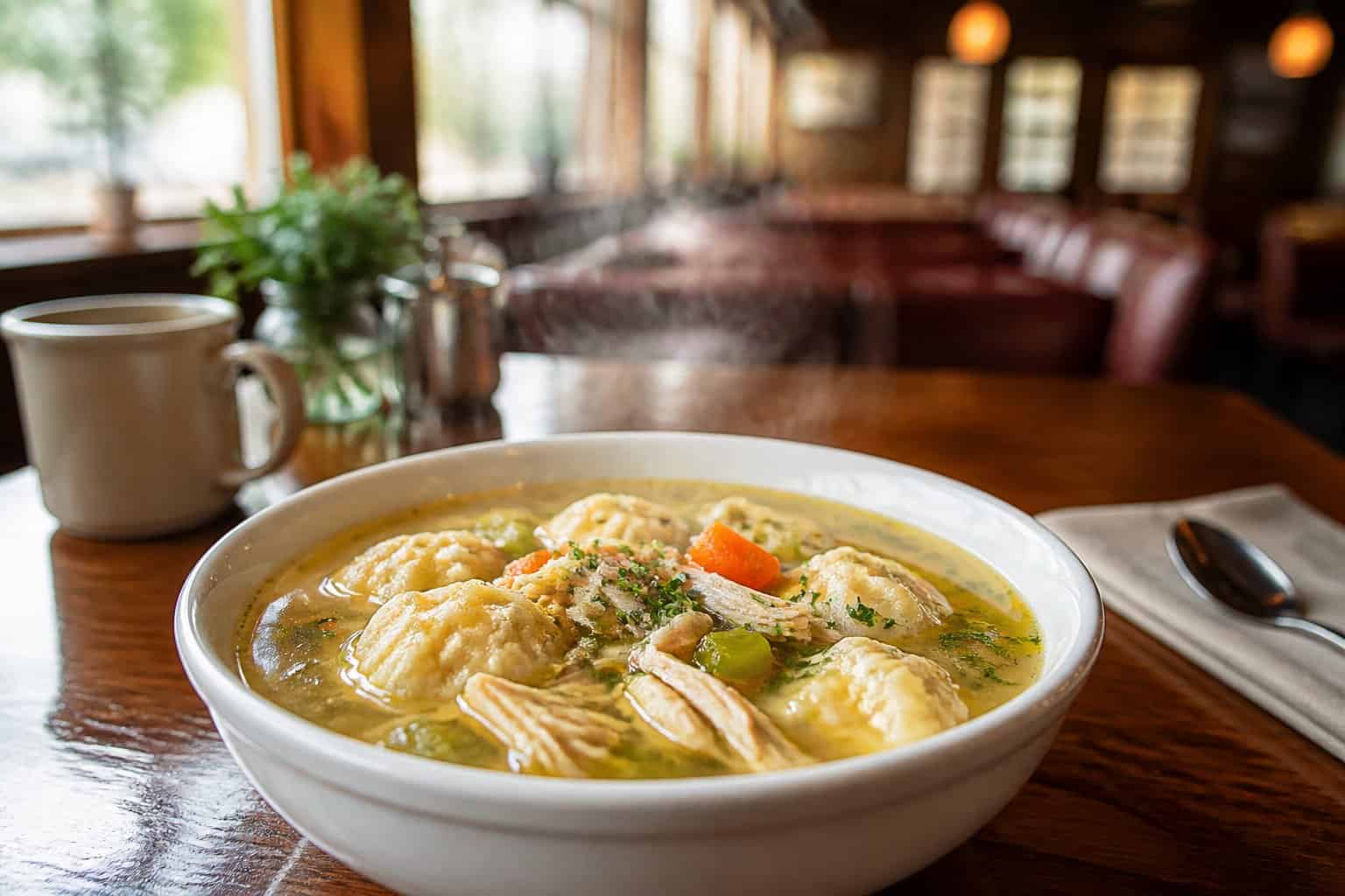 A steaming bowl of chicken soup with dumplings and vegetables on a table in a cozy restaurant.