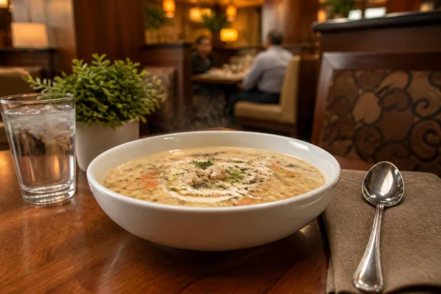 A steaming bowl of creamy soup on a neatly set table in a warmly lit restaurant.