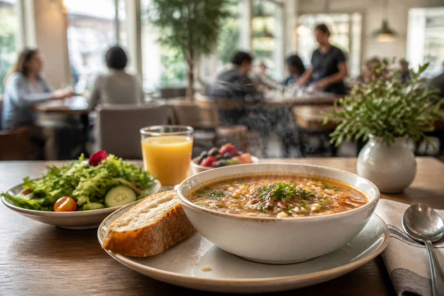 A steaming bowl of soup with bread and salad on a table in a bright casual restaurant.
