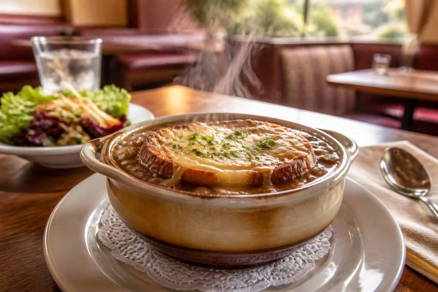 A steaming bowl of French onion soup with melted cheese and toasted bread on a table in a cozy cafe.