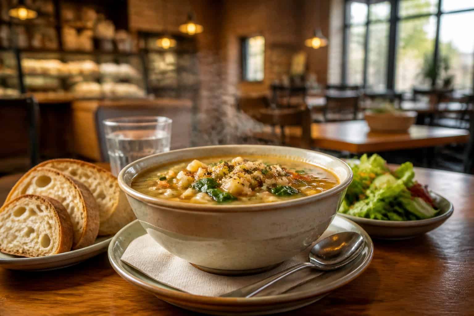 A steaming bowl of soup with bread and salad on a table in a cozy bakery café.