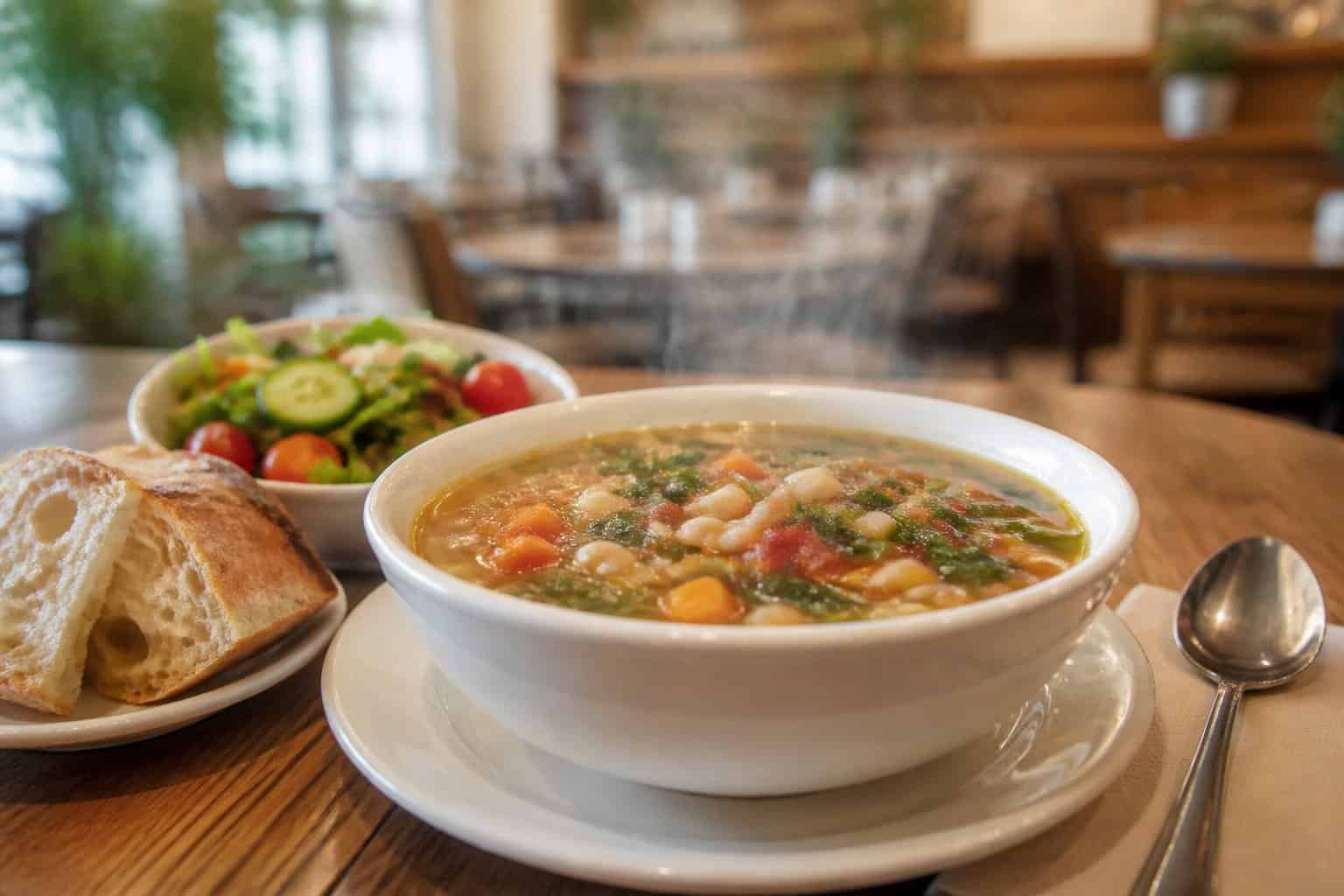 A steaming bowl of hearty soup with bread and a side salad on a table in a casual deli.