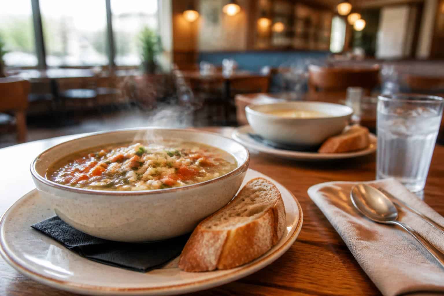 A steaming bowl of soup with bread on a table inside a welcoming deli-style restaurant.