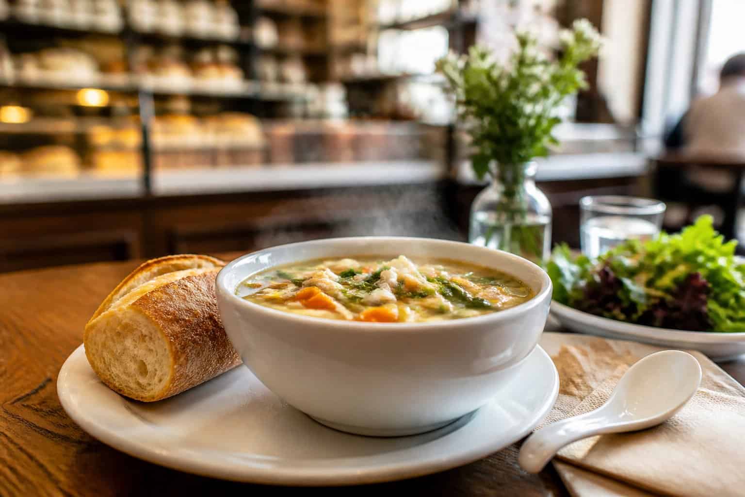 A steaming bowl of soup with bread and salad on a café table.