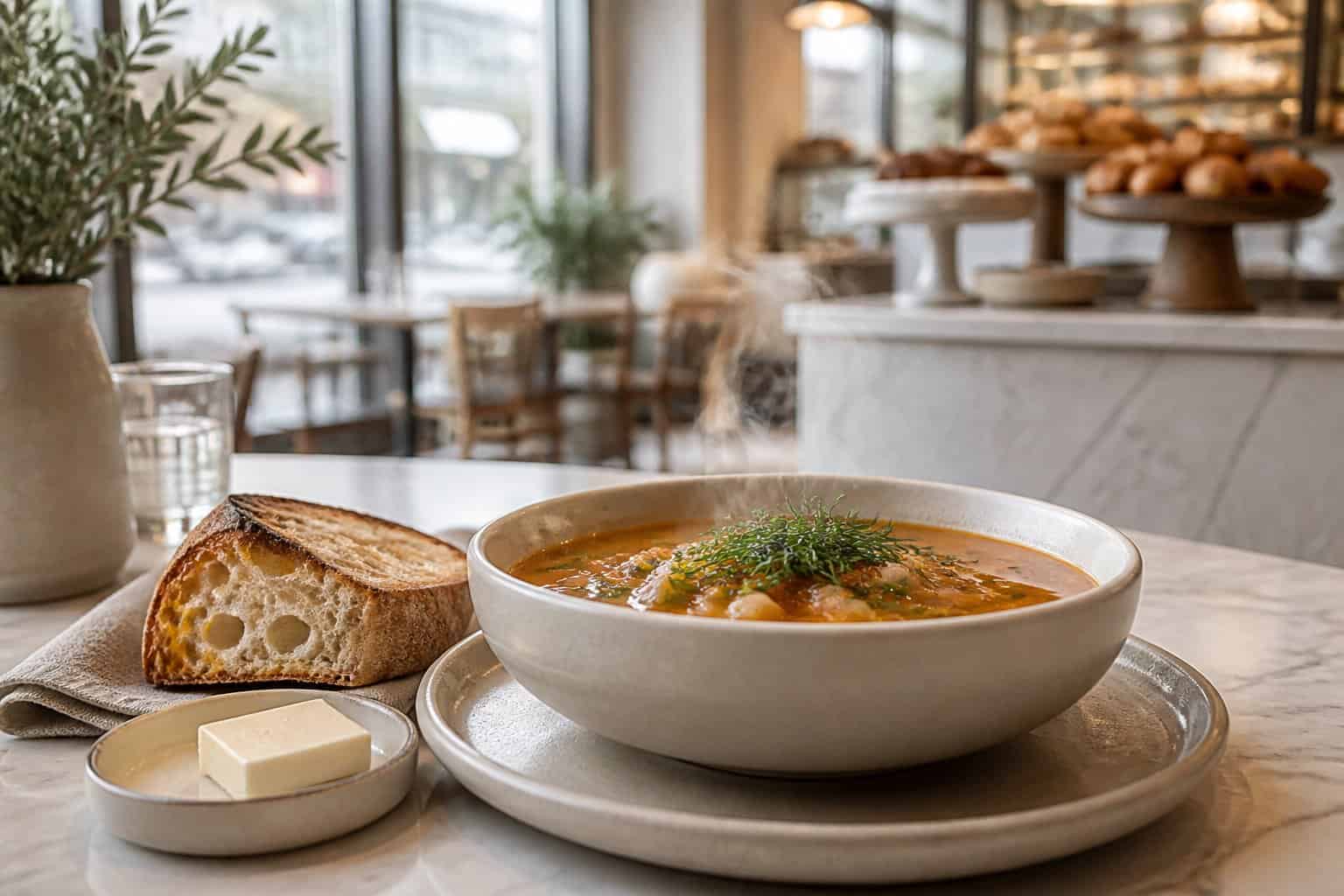 A steaming bowl of soup with crusty bread on a cafe table.