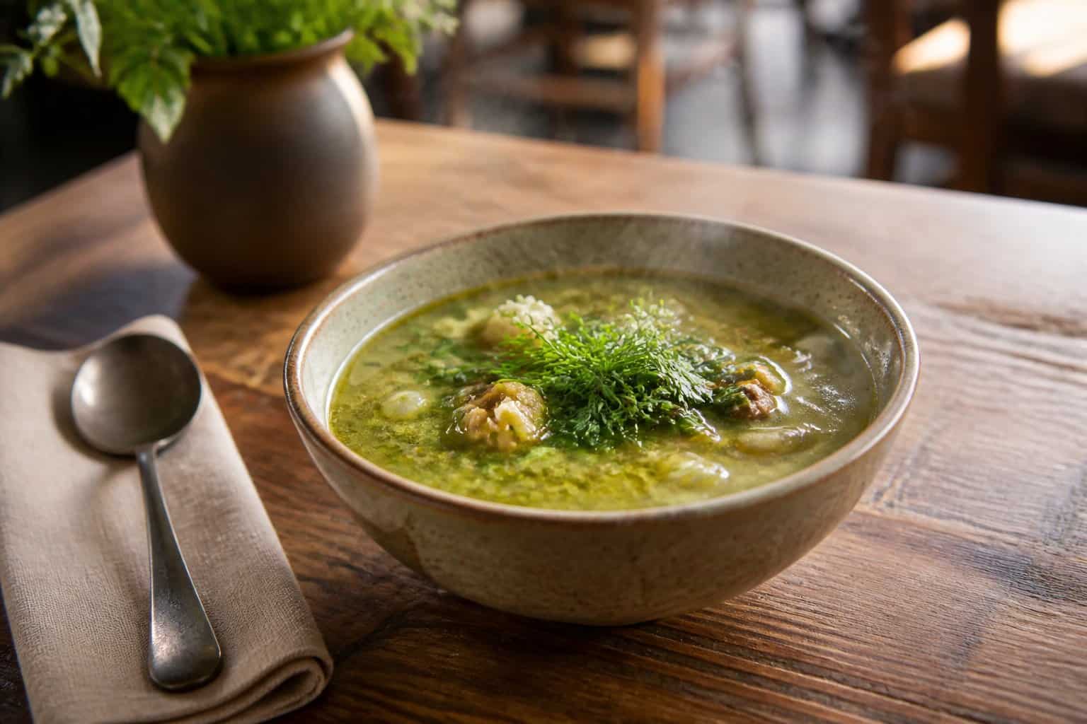 A steaming bowl of garnished soup on a wooden table in a cozy restaurant.