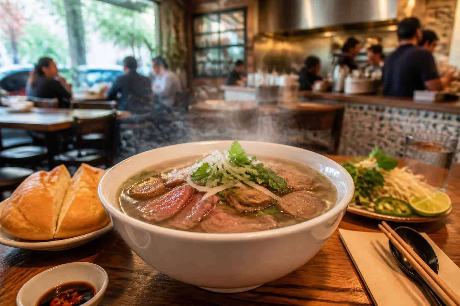 A steaming bowl of Vietnamese noodle soup with herbs, lime, and chili on a table in a cozy restaurant.
