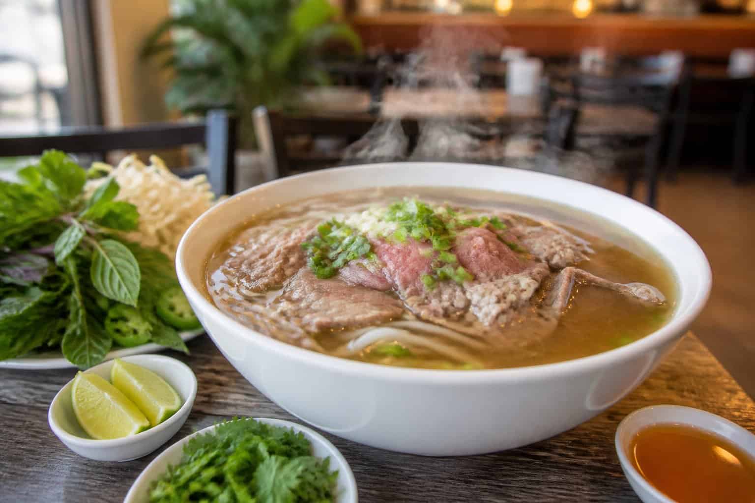 A steaming bowl of Vietnamese pho with beef, rice noodles, herbs, bean sprouts, lime, and jalapeño on a restaurant table.
