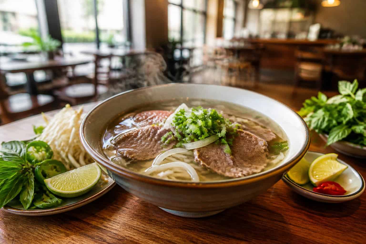 A steaming bowl of Vietnamese pho with rice noodles, beef, herbs, bean sprouts, lime, and chili on a restaurant table.