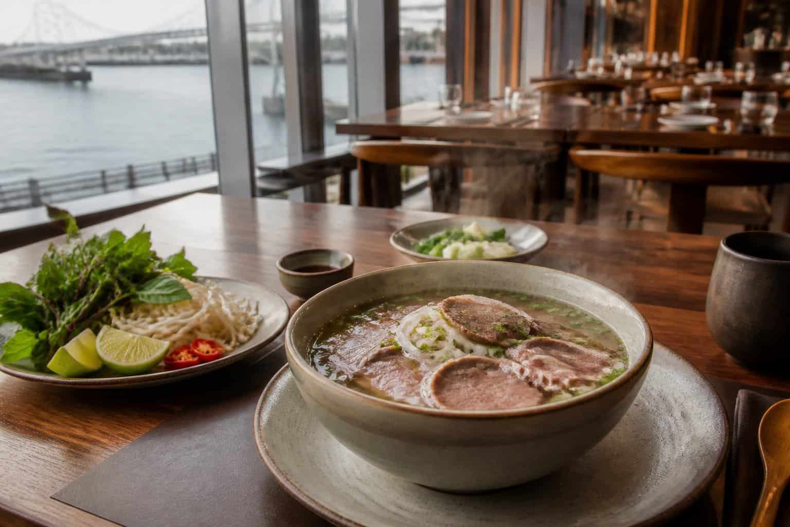 A steaming bowl of Vietnamese noodle soup on a table inside an elegant San Francisco restaurant.