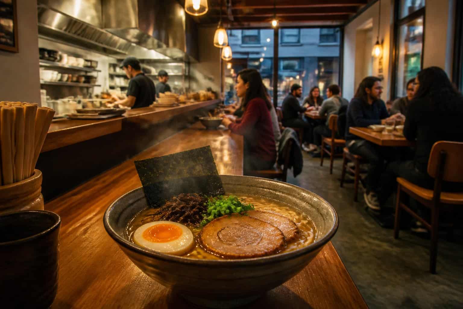 A steaming bowl of ramen sits on the counter inside a welcoming Oakland restaurant.