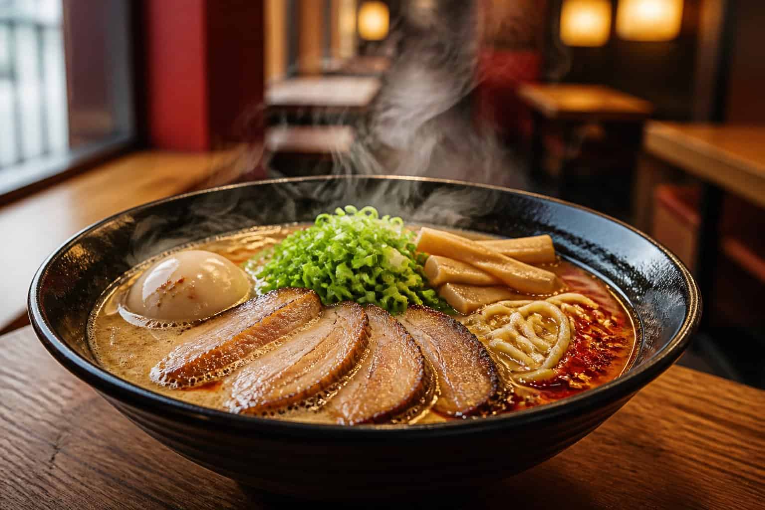 A steaming bowl of ramen with noodles, pork, egg, scallions, and bamboo shoots on a wooden table.