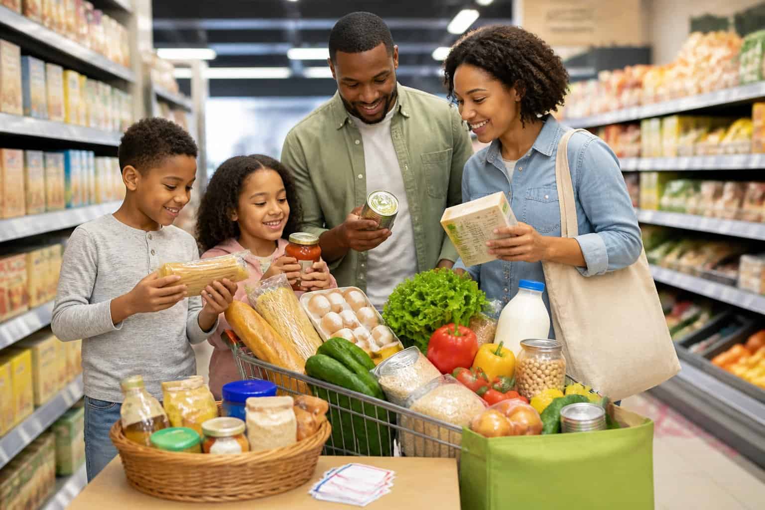A family compares affordable groceries while shopping together in a supermarket.