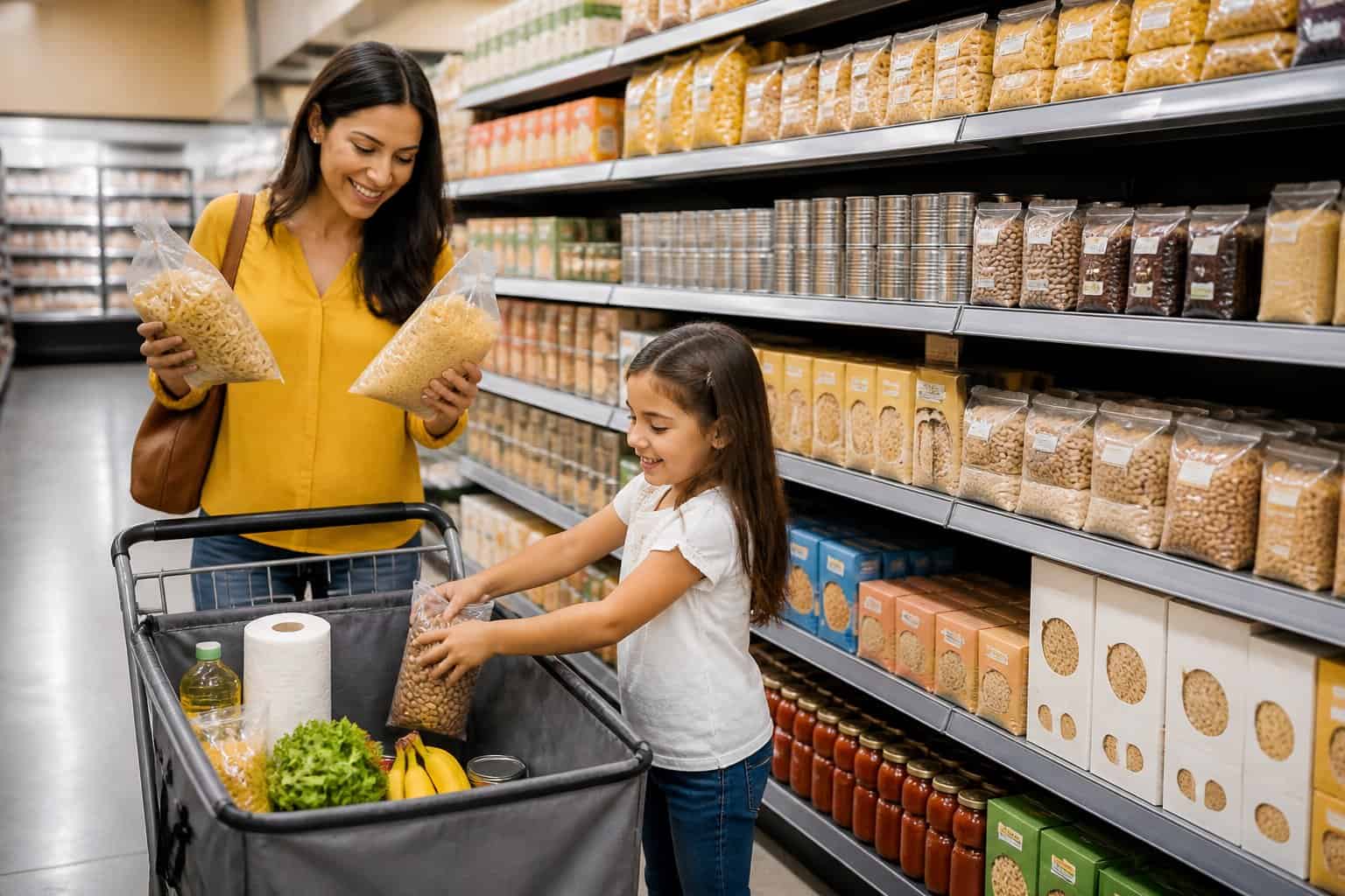 A parent and child choose everyday grocery staples in a neatly stocked supermarket aisle.