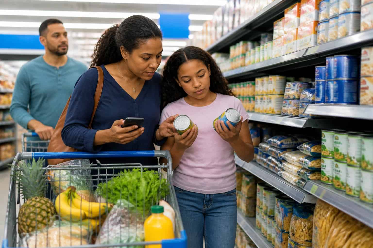A parent and child compare grocery products beside a shopping cart in a supermarket aisle.