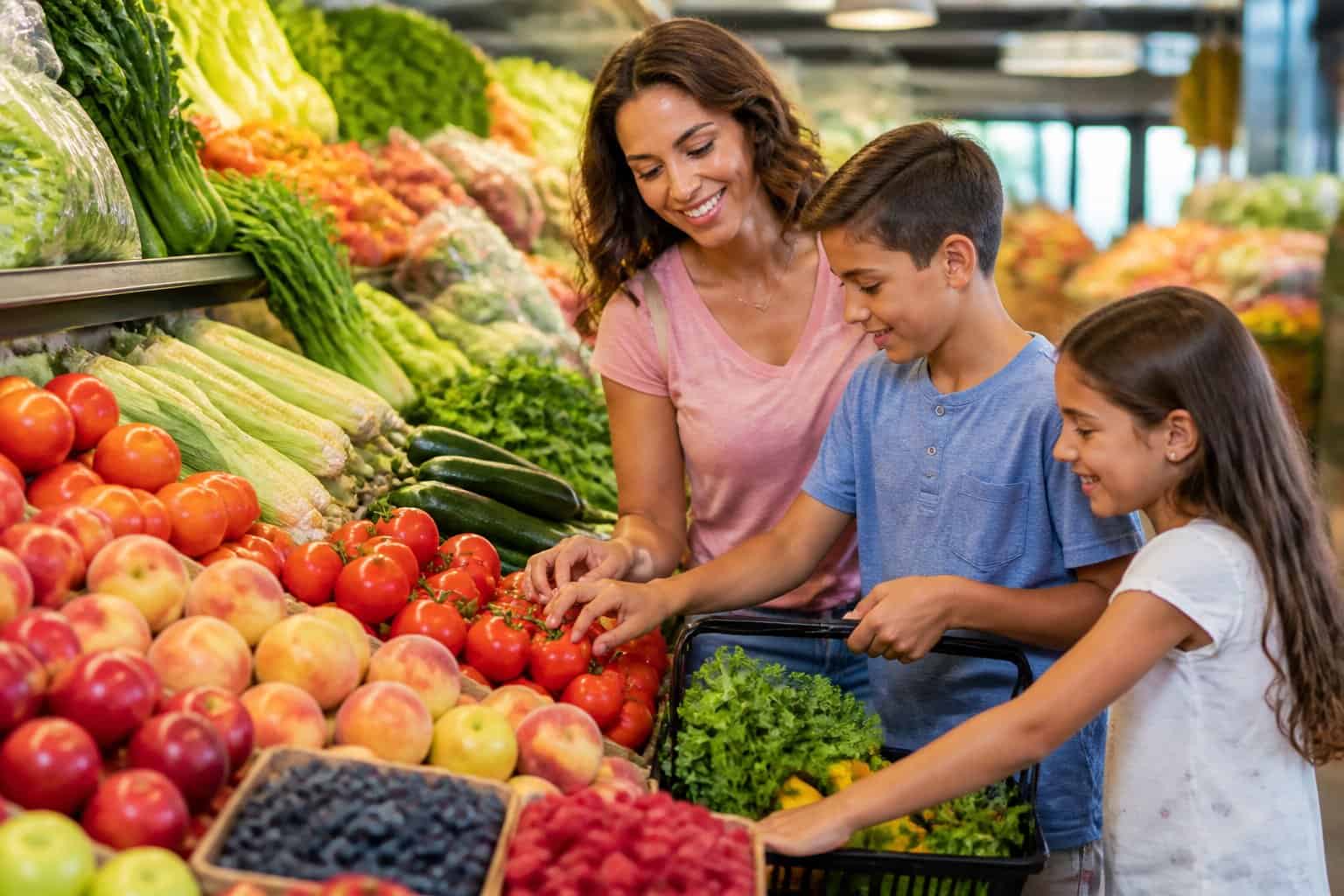 A family chooses colorful seasonal fruits and vegetables from a grocery store display.