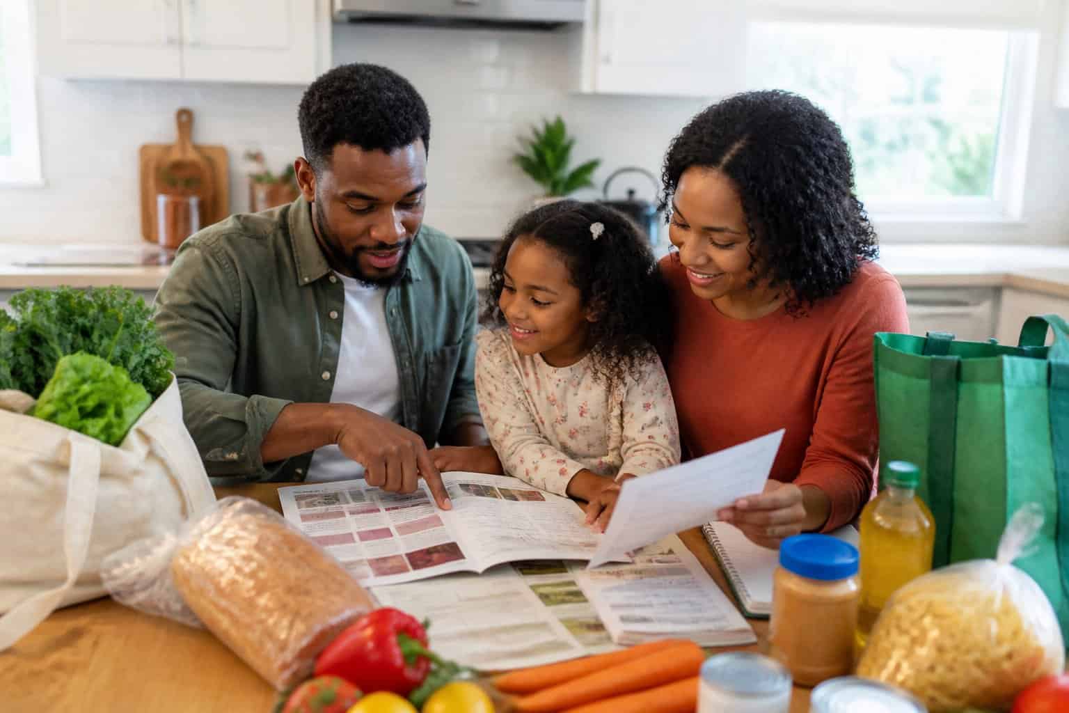 A parent and child review grocery circulars and a shopping list at a kitchen table.