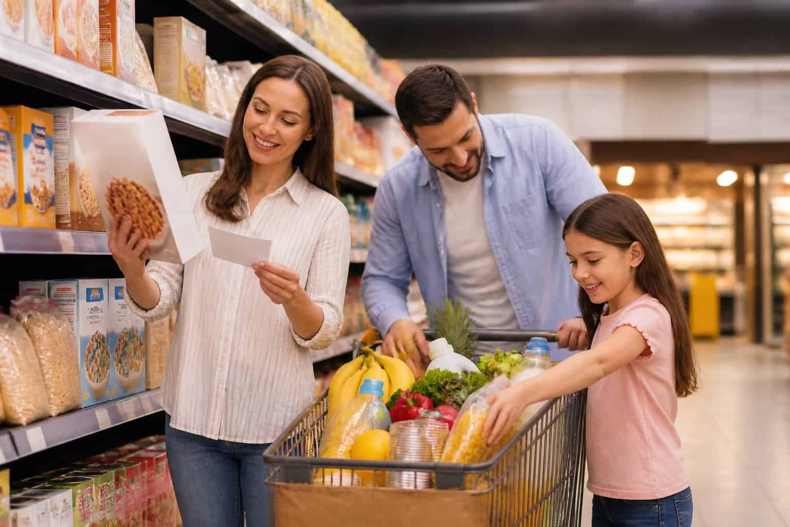 A parent compares grocery deals and coupons while shopping with family members in a supermarket aisle.