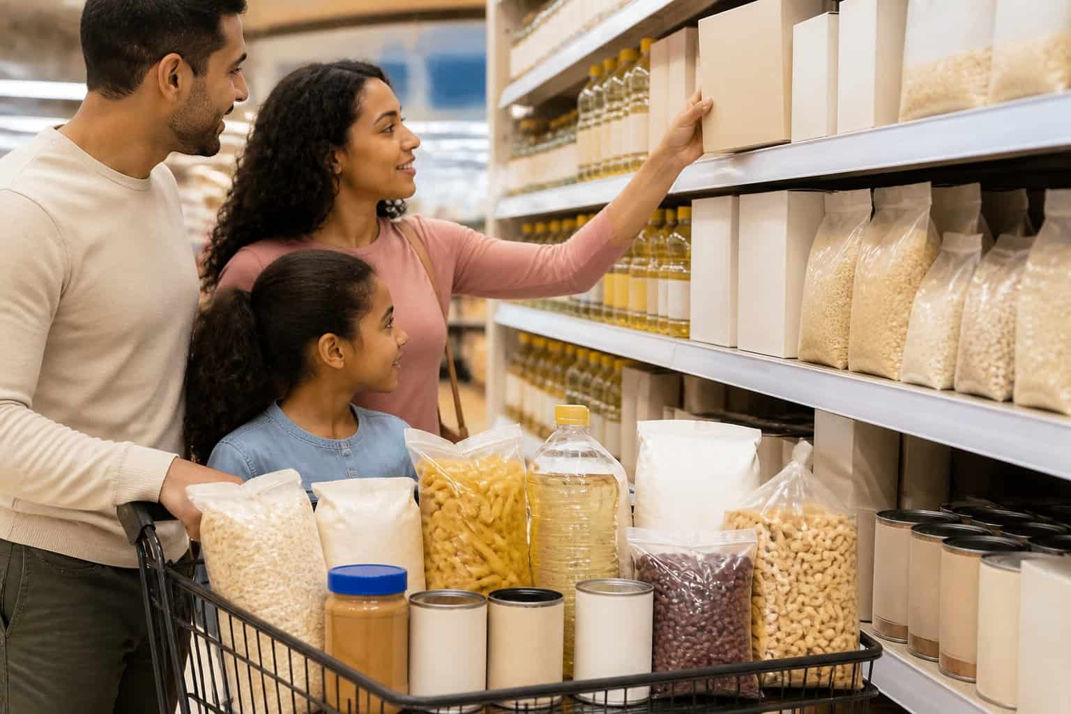 A shopper selects plain packaged pantry staples from a grocery store shelf beside a basket of basic foods.