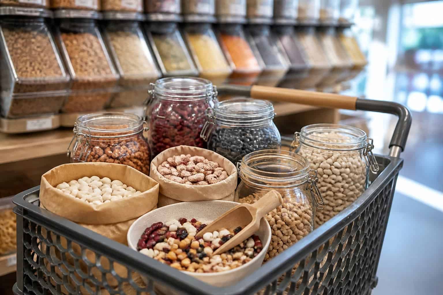 A shopping basket filled with jars and bags of assorted dried beans in a grocery store.