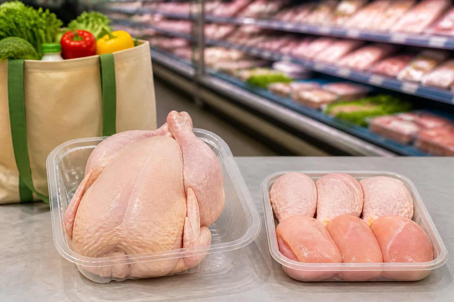 A whole packaged chicken displayed beside a tray of chicken pieces in a grocery store.