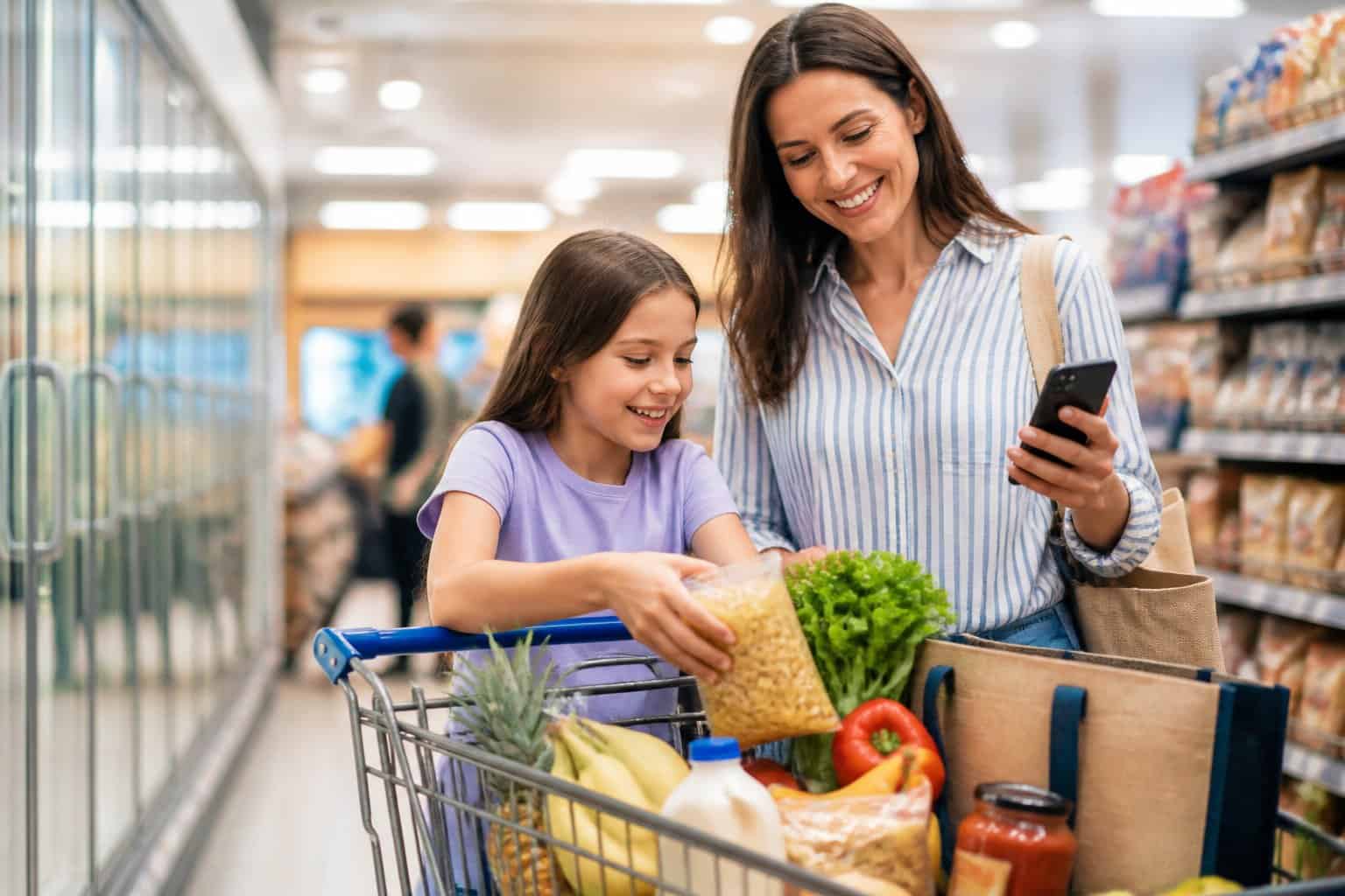 A parent and child shop for groceries while the parent checks loyalty rewards on a smartphone.