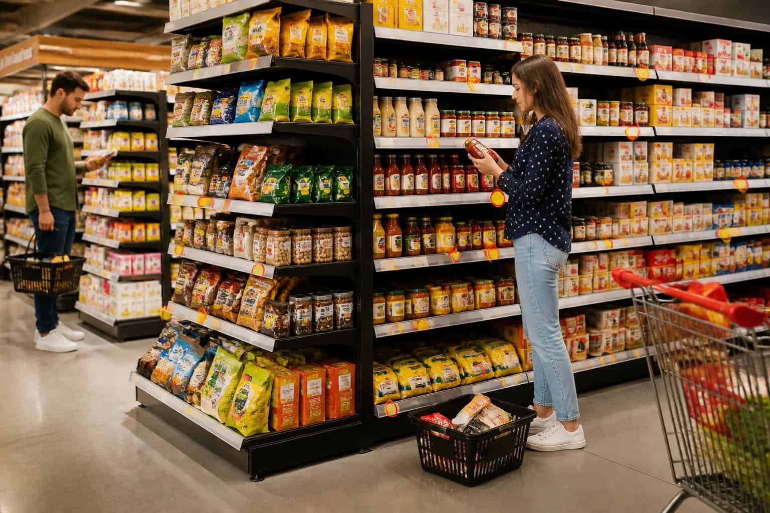 Shoppers browse discounted groceries in a neatly organized supermarket clearance section.