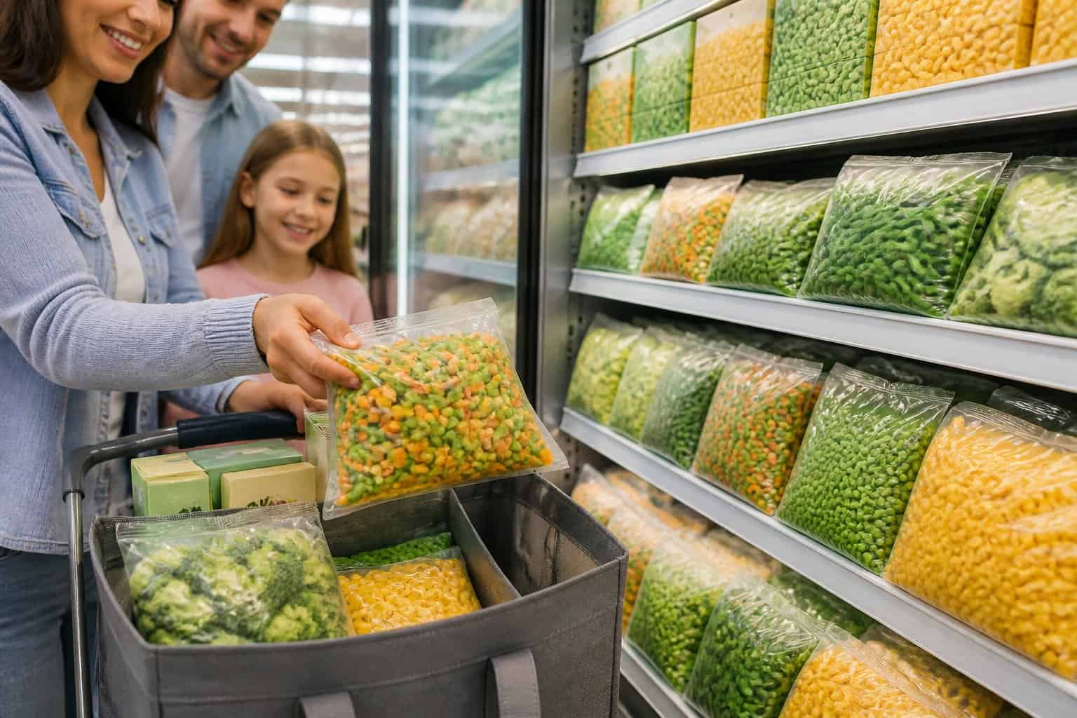 A shopper places a bag of frozen vegetables into a cart at a supermarket freezer.