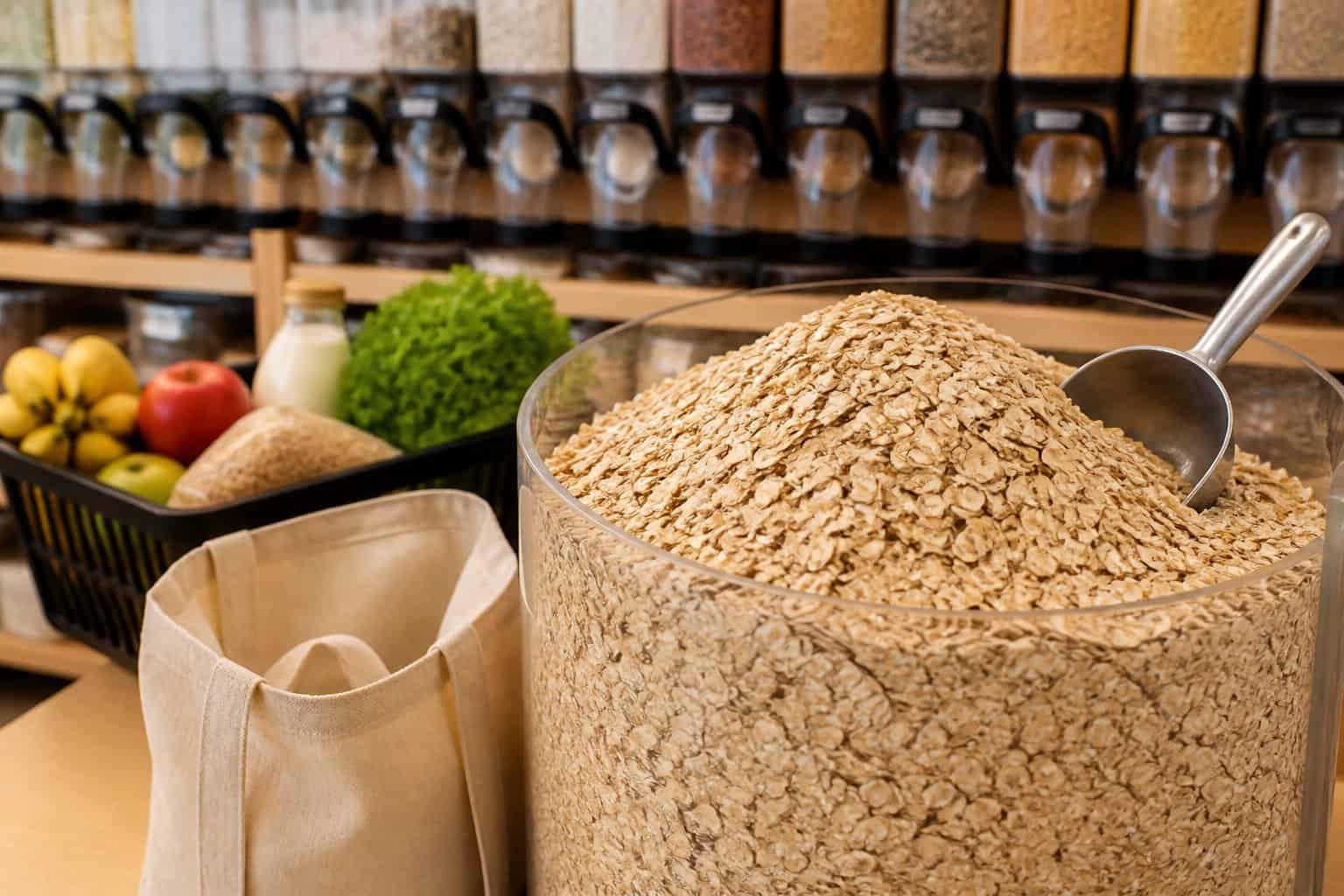 A bulk grocery container filled with rolled oats beside a reusable shopping bag in a bright store aisle.