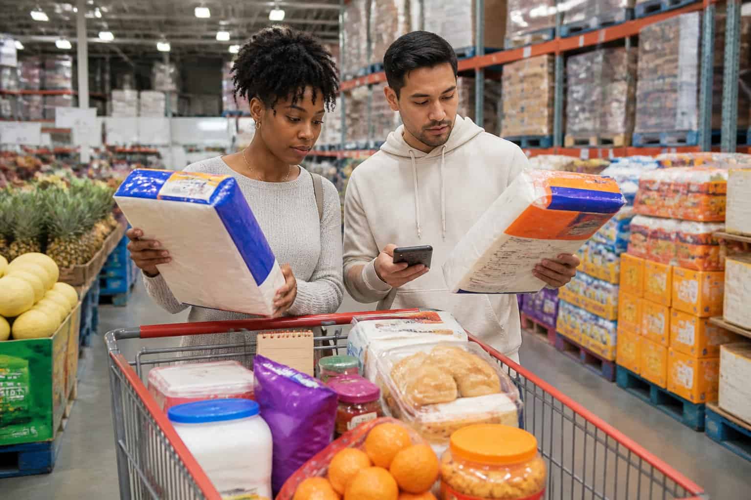 A shopper compares bulk grocery products and prices in a warehouse store aisle.
