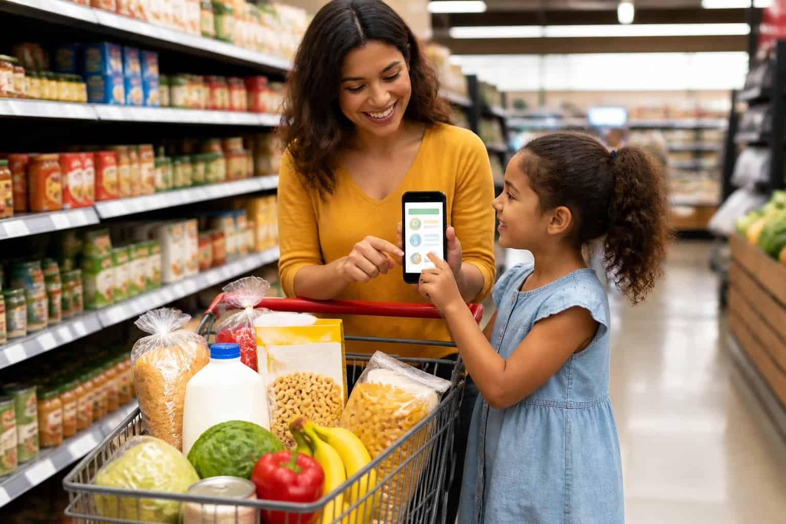 A parent and child use a smartphone while shopping for affordable groceries in a store aisle.