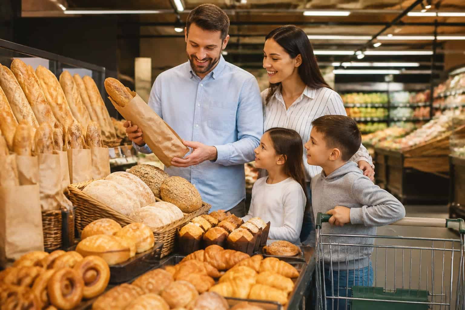 A shopper selects discounted day-old bread and pastries from a supermarket bakery display.