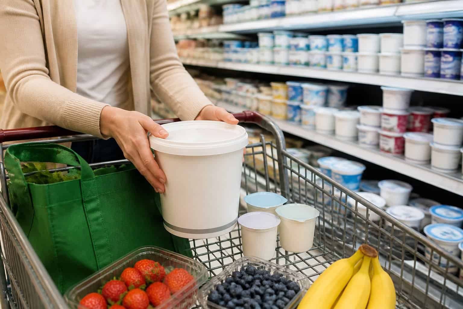 A shopper places a large tub of yogurt in a grocery cart beside smaller single-serving cups.
