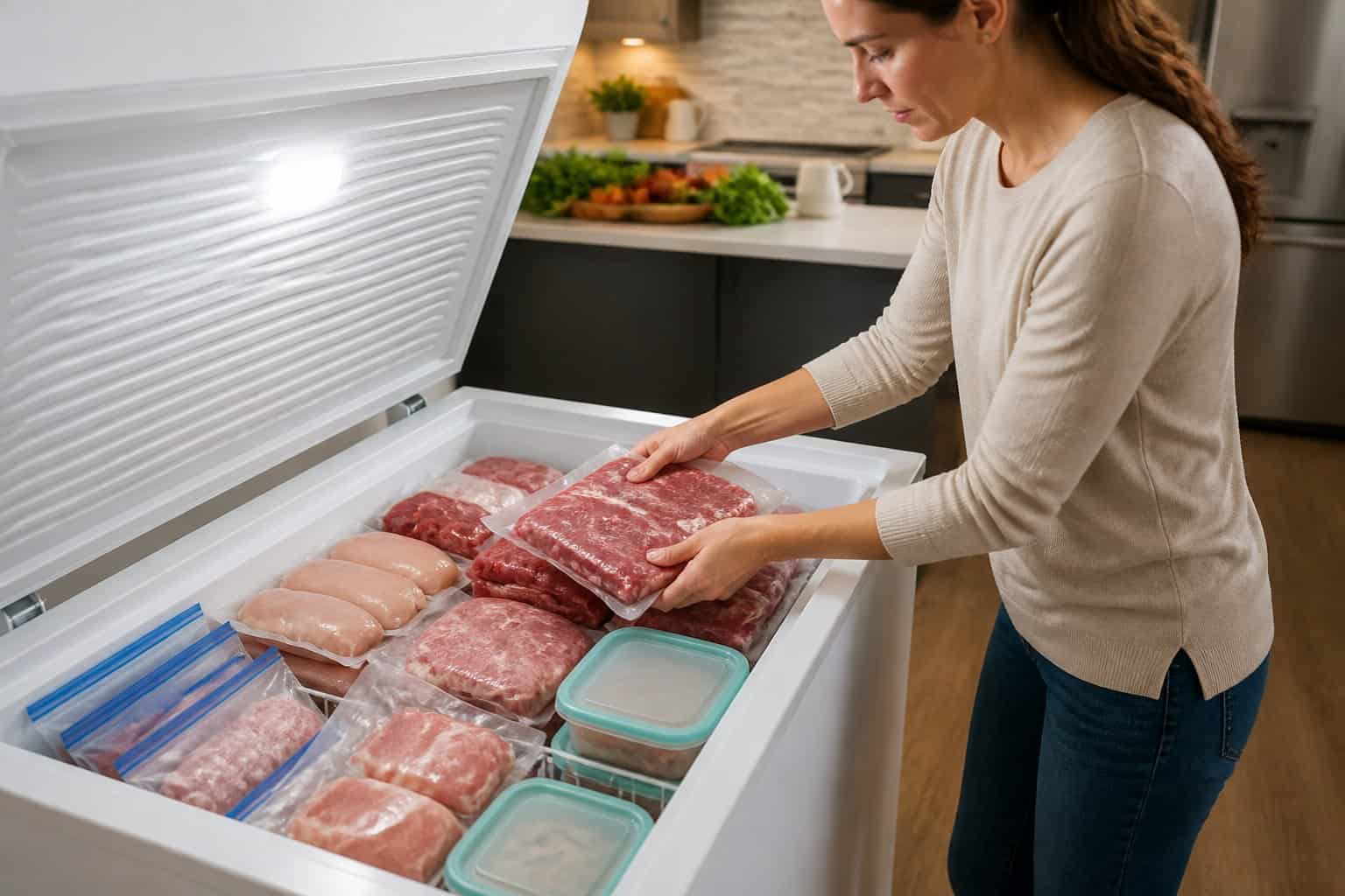 A person places sealed packages of meat into an organized home freezer.