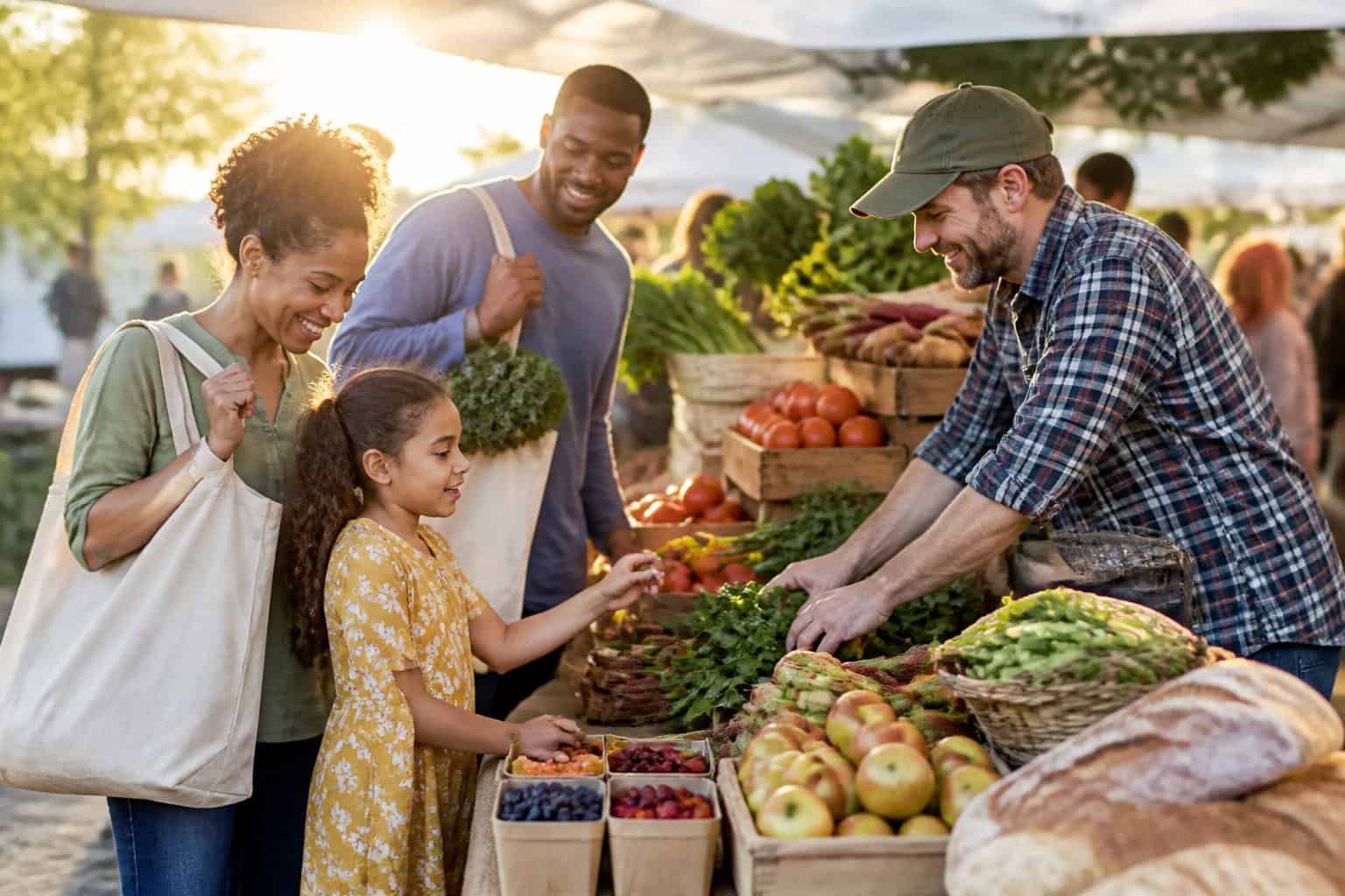 A parent and child browse fresh produce at a farmers’ market while a vendor organizes end-of-day vegetables.
