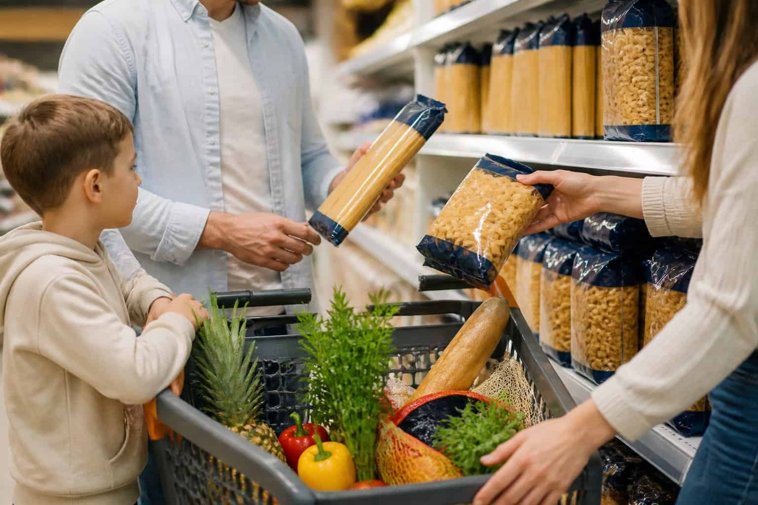 A parent and child select multiple packages of pasta from a supermarket shelf while filling a shopping cart.