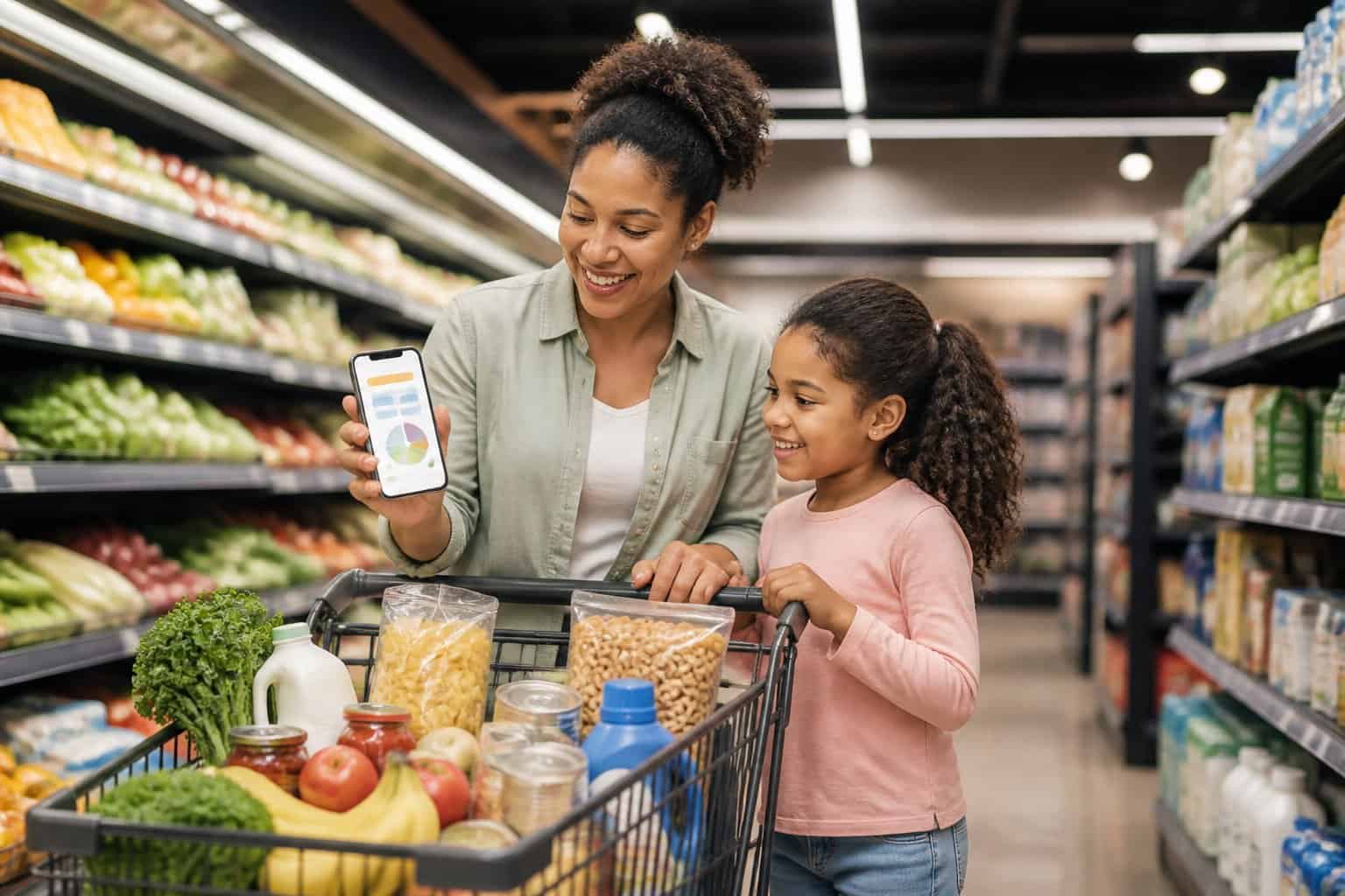 A parent and child use a smartphone while shopping for groceries with a cart in a supermarket.