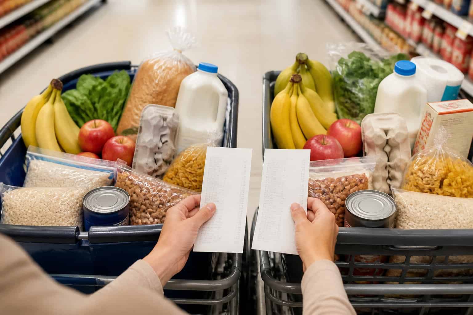 Two grocery baskets filled with family staples are compared side by side in a supermarket.