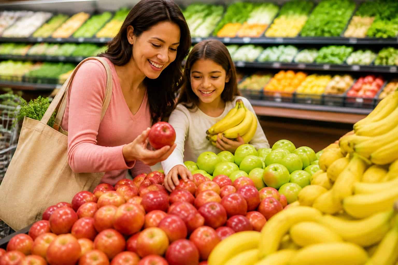 A family selects fresh apples and bananas from a supermarket produce display.